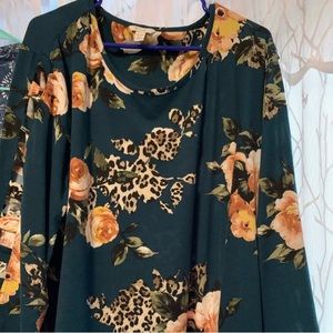 Green floral/leopard print blouse